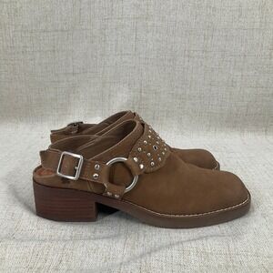 Lucky Brand Leather Clogs Womens 8 Brown Studded Harness Slingback Mules